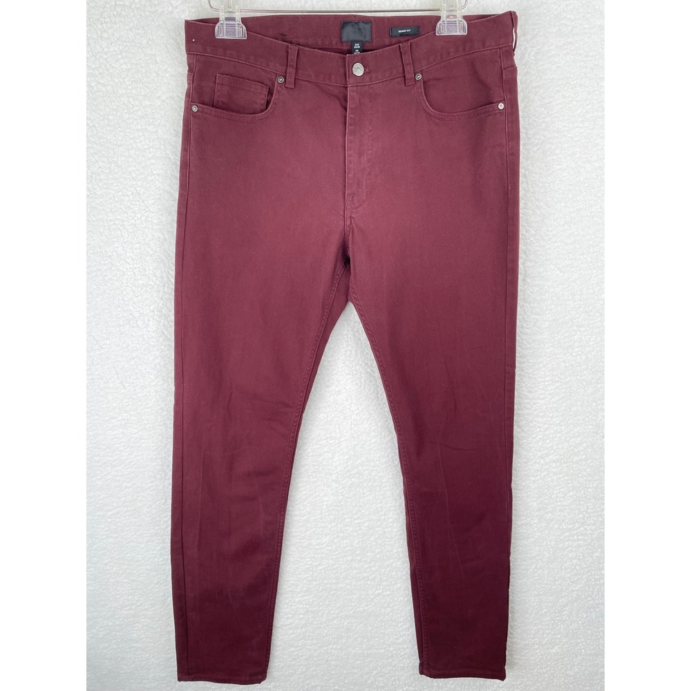 H&M Mens Skinny Fit Pants Burgundy Maroon 5-Pocket Trousers 32x30